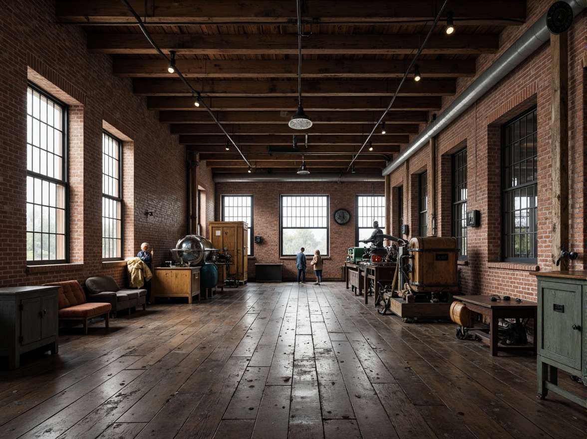 Prompt: Industrial factory setting, exposed brick walls, metal beams, worn wooden floors, vintage machinery, distressed textures, earthy tones, muted colors, rusty reds, weathered blues, faded yellows, industrial greys, urban atmosphere, gritty realism, high contrast lighting, dramatic shadows, cinematic composition, 1/2 camera angle, realistic renderings, ambient occlusion.