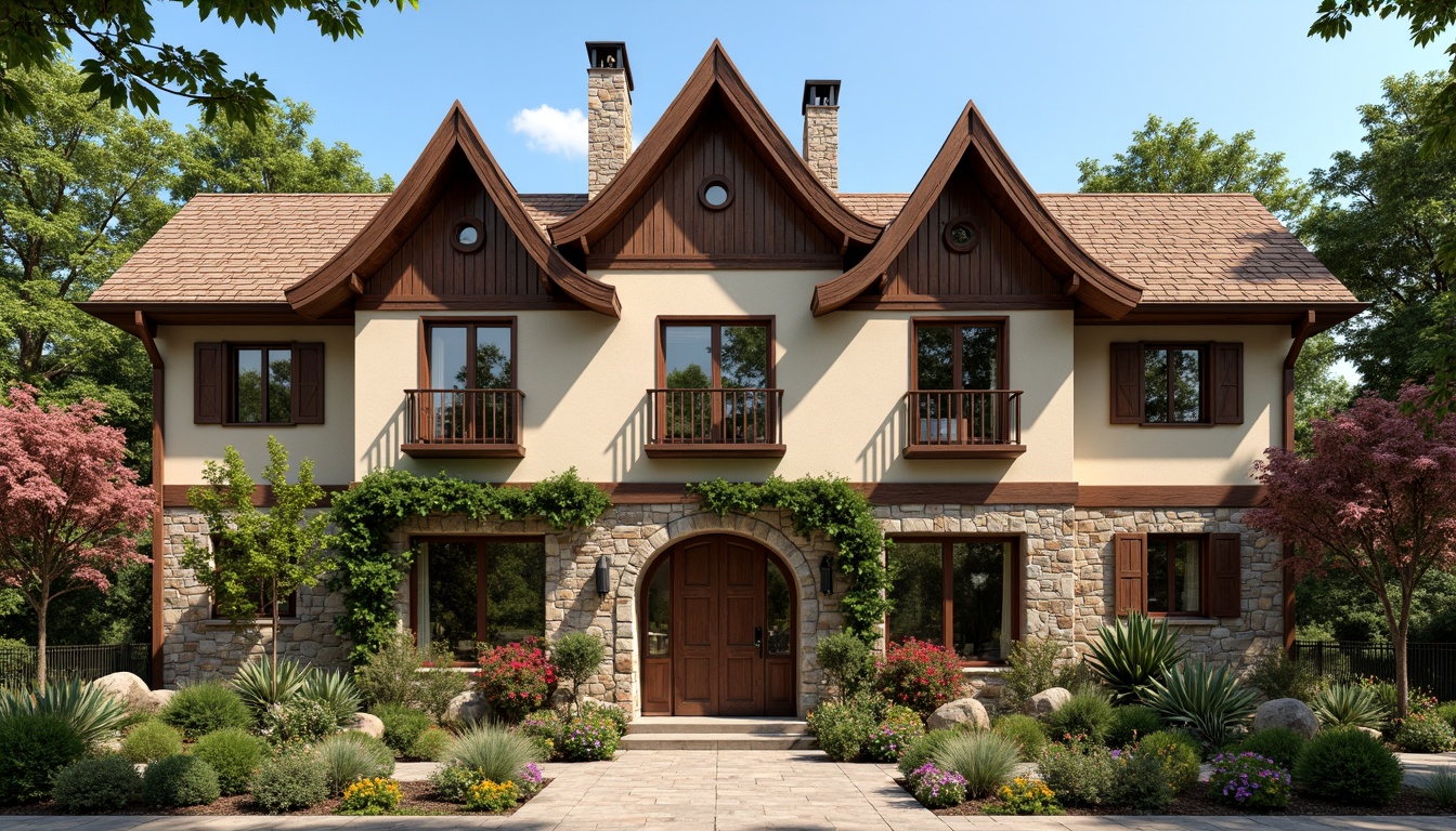 Prompt: Rustic regionalist facade, earthy tones, natural stone walls, wooden accents, steeply pitched roofs, ornate chimneys, decorative trusses, vibrant floral patterns, colorful ceramic tiles, intricate stonework, arched windows, heavy wooden doors, lush greenery, blooming vines, sunny day, warm soft lighting, shallow depth of field, 3/4 composition, panoramic view, realistic textures, ambient occlusion.