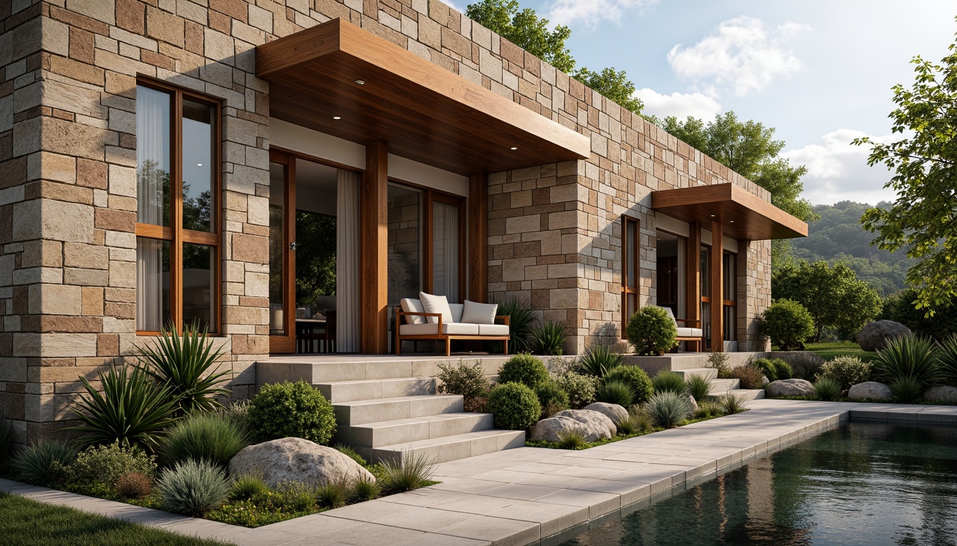 Prompt: Rough stone walls, rustic brick facades, wooden accents, natural wood grain, earthy tones, organic forms, irregular shapes, tactile experiences, 3D modeling, realistic renderings, ambient occlusion, soft warm lighting, shallow depth of field, 2/3 composition, modern architecture, sustainable design, eco-friendly materials, green roofs, living walls, urban landscapes, city skylines, industrial heritage, converted warehouses.