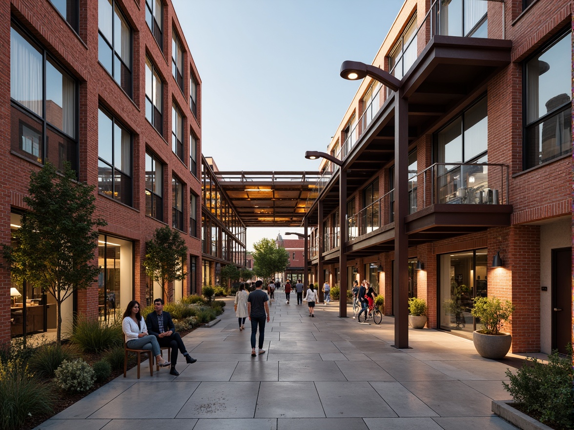 Prompt: Industrial heritage site, exposed brick buildings, rusty metal structures, reclaimed wood accents, vintage factory equipment, urban renewal, mixed-use development, adaptive reuse, modern amenities, sleek glass facades, minimalist interiors, polished concrete floors, industrial chic decor, natural light pouring in, airy open spaces, communal courtyards, pedestrian-friendly walkways, vibrant street art, eclectic neighborhood vibe, warm golden lighting, shallow depth of field, 2/3 composition, realistic textures, ambient occlusion.