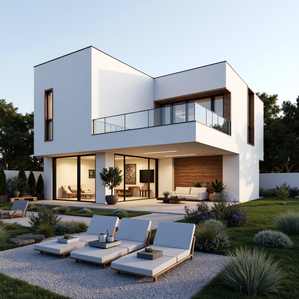 Prompt: Minimalist villa, clean lines, simple shapes, white stucco exterior, large windows, sliding glass doors, natural stone walls, wooden accents, horizontal wood slats, flat roofs, green roofs, succulent plants, gravel pathways, modern outdoor furniture, sleek metal railings, subtle lighting, warm ambient glow, soft shadows, 1/1 composition, realistic textures, ambient occlusion.