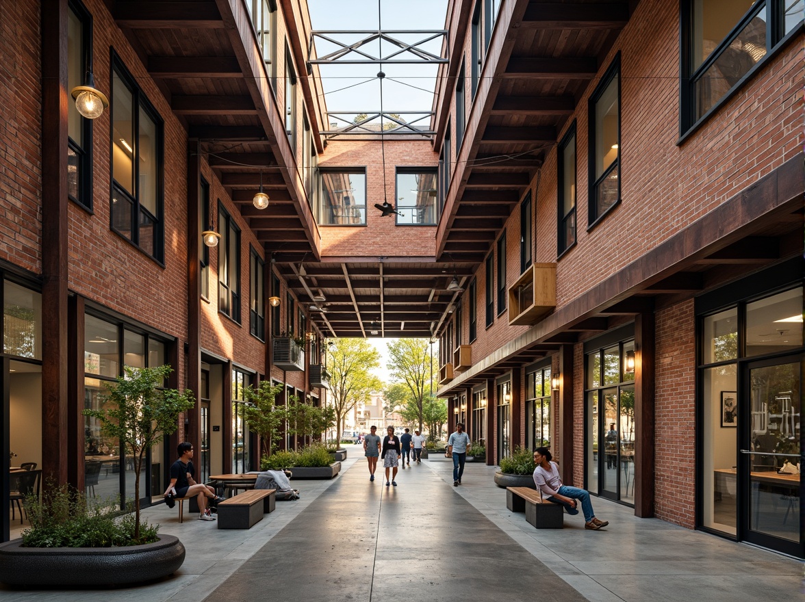 Prompt: Industrial heritage site, exposed brick buildings, rusty metal structures, reclaimed wood accents, vintage factory equipment, urban renewal, mixed-use development, adaptive reuse, modern amenities, sleek glass facades, minimalist interiors, polished concrete floors, industrial chic decor, natural light pouring in, airy open spaces, communal courtyards, pedestrian-friendly walkways, vibrant street art, eclectic neighborhood vibe, warm golden lighting, shallow depth of field, 2/3 composition, realistic textures, ambient occlusion.