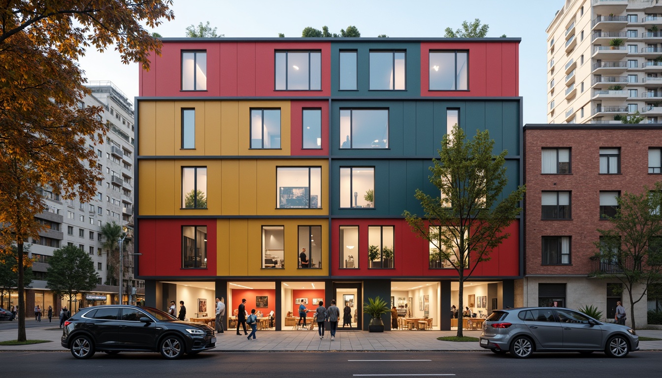 Prompt: Geometric student halls, bold primary colors, rectangular windows, flat roofs, functionalist architecture, industrial materials, exposed brick walls, steel beams, minimalist decor, communal living spaces, modern furniture, abstract artwork, natural light, 1/1 composition, high contrast lighting, dramatic shadows, urban surroundings, cityscape views, busy streets, contemporary urban life.