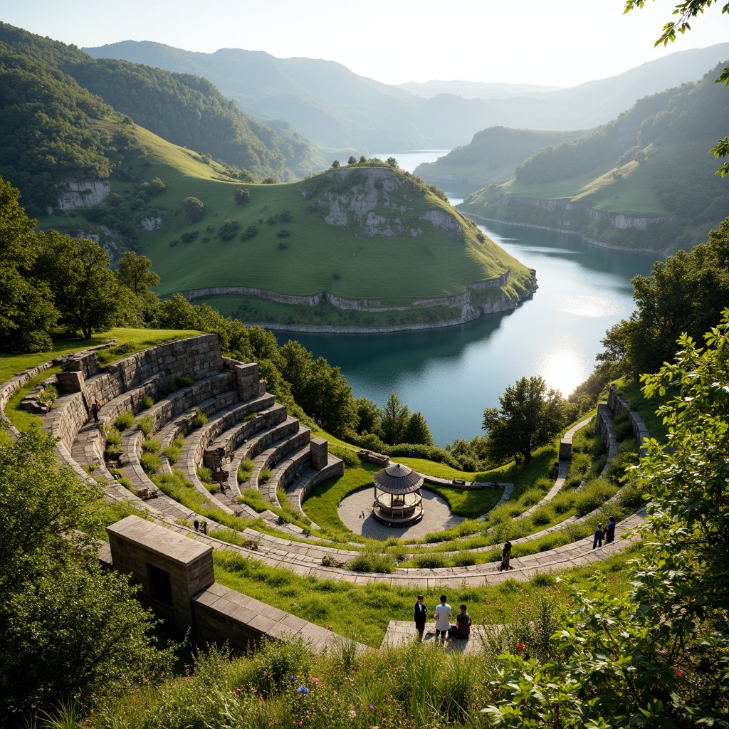 Prompt: Rolling hills, lush greenery, serene lake views, amphitheater structures, tiered seating, natural stone walls, wooden benches, scenic overlooks, walking trails, meandering streams, rustic bridges, vibrant wildflowers, sunny afternoon, soft warm lighting, shallow depth of field, 3/4 composition, panoramic view, realistic textures, ambient occlusion.