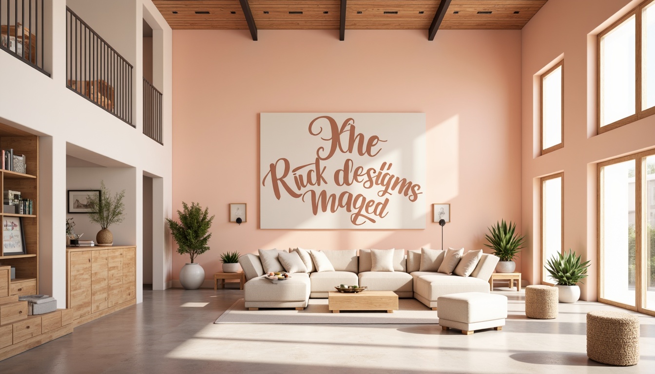 Prompt: Vibrant design studio, modern minimalist aesthetic, bold typography, pastel color scheme, soft peach tones, creamy whites, rich charcoal grays, natural wood textures, sleek metal accents, geometric patterns, abstract shapes, warm ambient lighting, shallow depth of field, 1/1 composition, realistic renderings, subtle gradient effects.