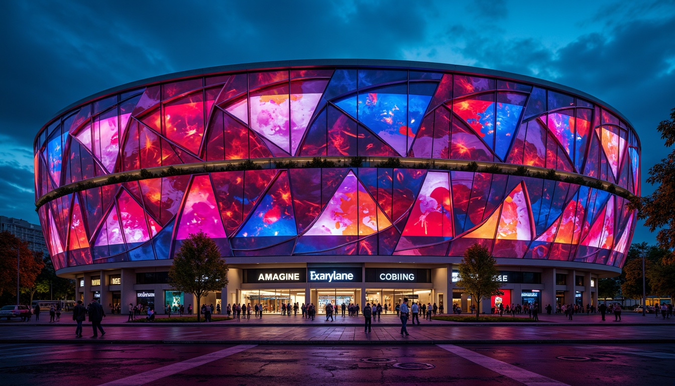 Prompt: Vibrant stadium facade, dynamic curves, bold angular lines, futuristic expressionist architecture, neon-lit LED lights, abstract geometric patterns, irregular shapes, clashing colors, distorted proportions, oversized arches, sweeping cantilevers, dramatic shadows, high-contrast lighting, 1/2 composition, low-angle shot, cinematic atmosphere, realistic materials, ambient occlusion.