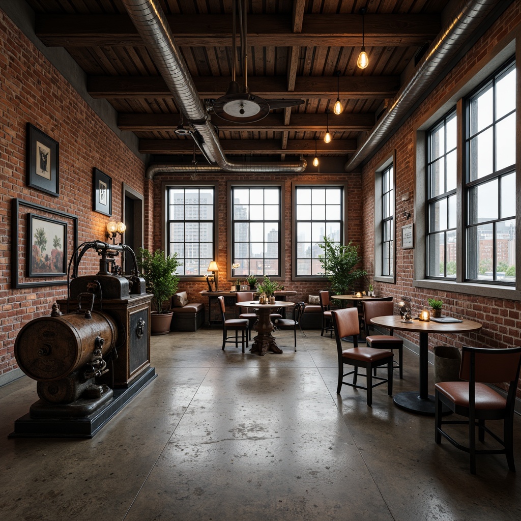 Prompt: Rustic industrial warehouse, exposed brick walls, metal beams, reclaimed wood accents, distressed concrete floors, vintage machinery, worn leather upholstery, metallic pipes, Edison bulb lighting, urban cityscape, cloudy grey sky, soft natural light, shallow depth of field, 2/3 composition, realistic textures, ambient occlusion.