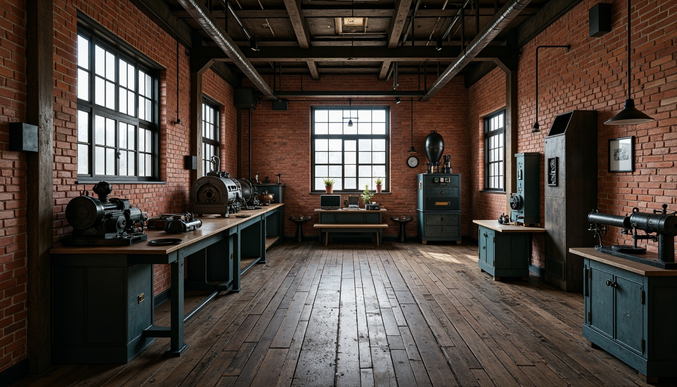 Prompt: Industrial factory setting, exposed brick walls, metal beams, worn wooden floors, vintage machinery, distressed textures, earthy tones, muted colors, rusty reds, weathered blues, faded yellows, industrial greys, urban atmosphere, gritty realism, high contrast lighting, dramatic shadows, cinematic composition, 1/2 camera angle, realistic renderings, ambient occlusion.