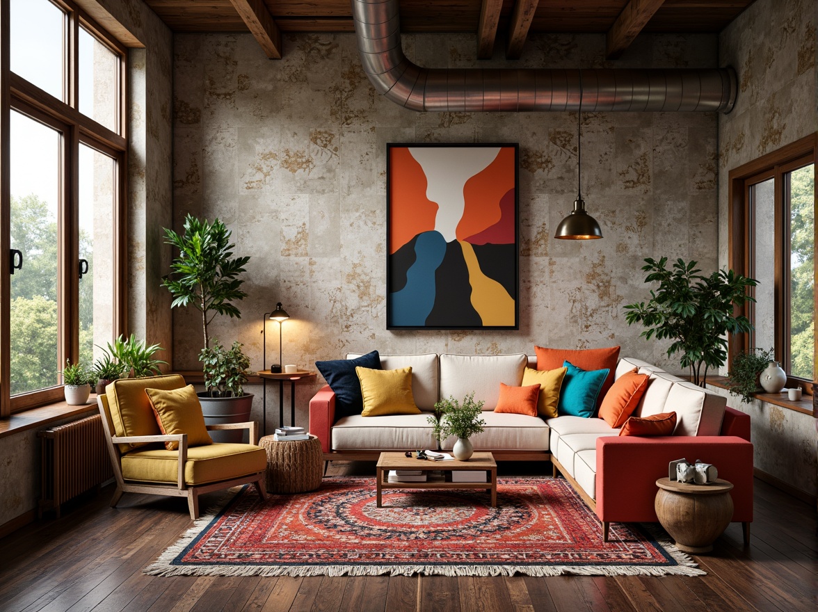 Prompt: Vibrant artistic studio, eclectic furniture, bold color blocking, contrasting textures, abstract artwork, statement lighting fixtures, industrial metal accents, reclaimed wood floors, bohemian-inspired rugs, natural stone walls, oversized windows, soft warm glow, shallow depth of field, 1/1 composition, realistic renderings, ambient occlusion.