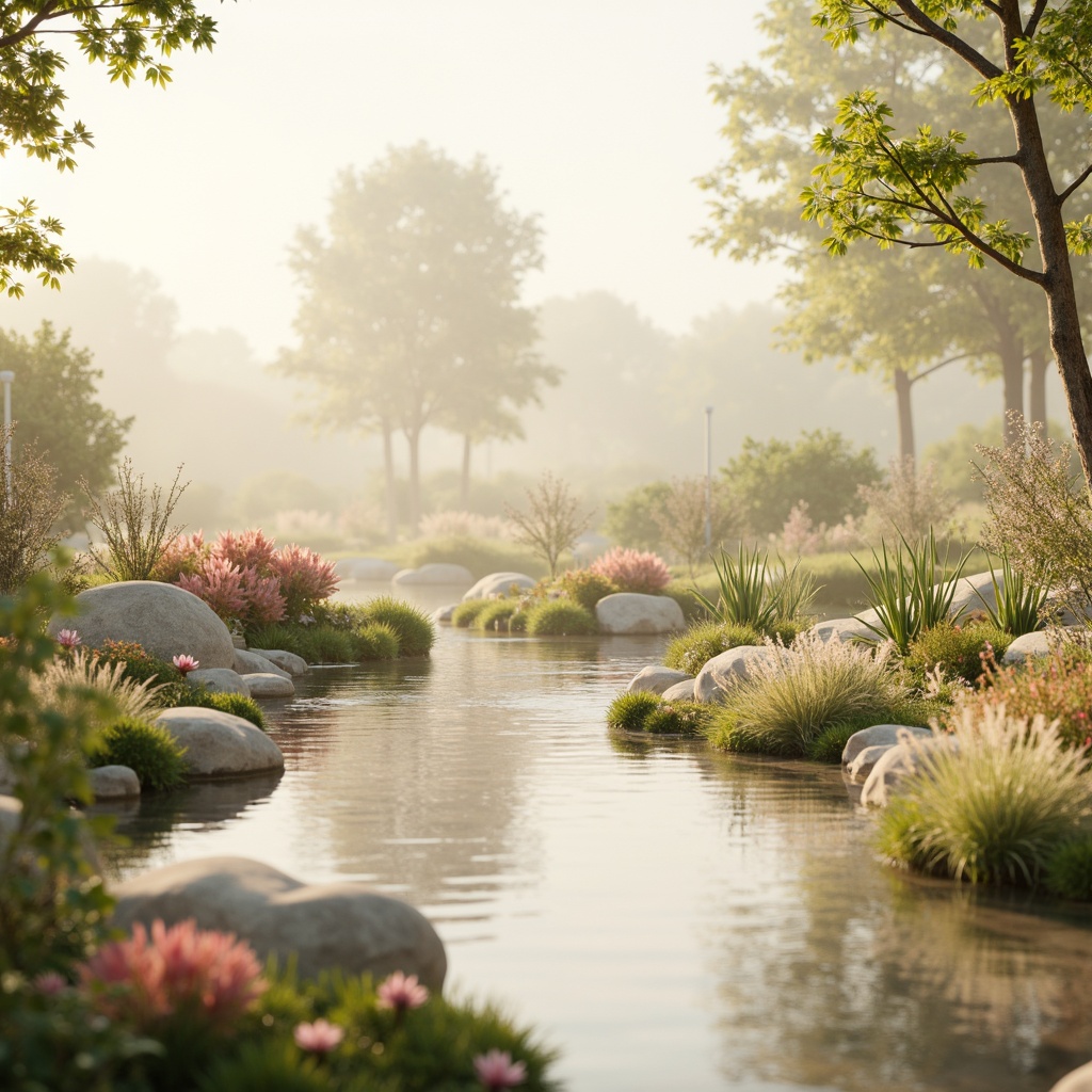 Prompt: Soft pastel hues, calming atmosphere, serene natural surroundings, gentle water features, lush greenery, vibrant flowers, warm beige tones, creamy whites, soft peach accents, subtle texture overlays, organic shapes, minimalist composition, shallow depth of field, 1/1 aspect ratio, realistic renderings, ambient occlusion, warm golden lighting, soft focus effects.