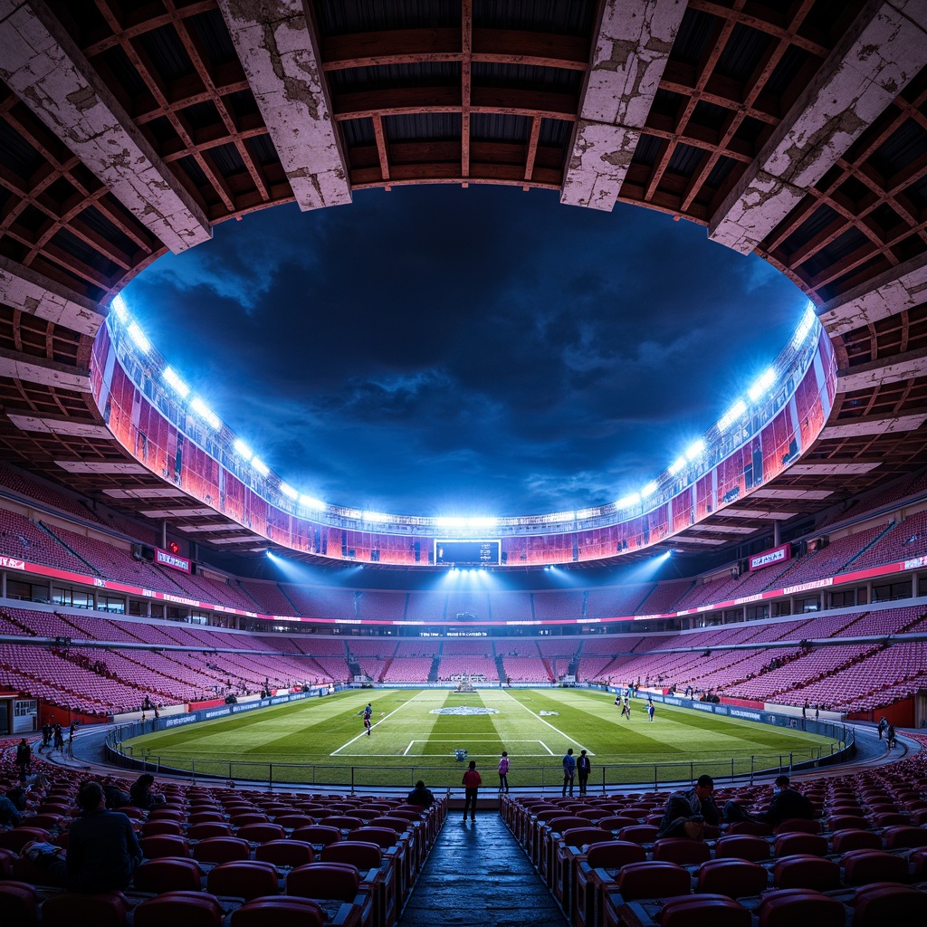 Prompt: Vibrant stadium, expressionist architecture, bold concrete structures, rough stone walls, rusty metal beams, distressed wood accents, dynamic curved lines, abstract geometric patterns, bright neon lights, electric atmosphere, intense shadows, high-contrast colors, dramatic spotlights, cinematic composition, 1/2 camera angle, shallow depth of field, realistic textures, ambient occlusion.