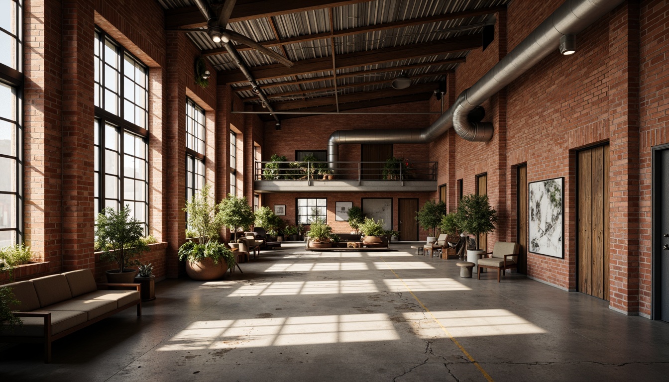 Prompt: Rustic industrial landscape, abandoned factories, worn brick walls, distressed metal roofs, reclaimed wood accents, earthy tones, natural textures, regional materials, local craftsmanship, exposed ductwork, concrete floors, steel beams, functional minimalism, industrial chic aesthetic, warm soft lighting, shallow depth of field, 1/1 composition, realistic renderings, ambient occlusion.