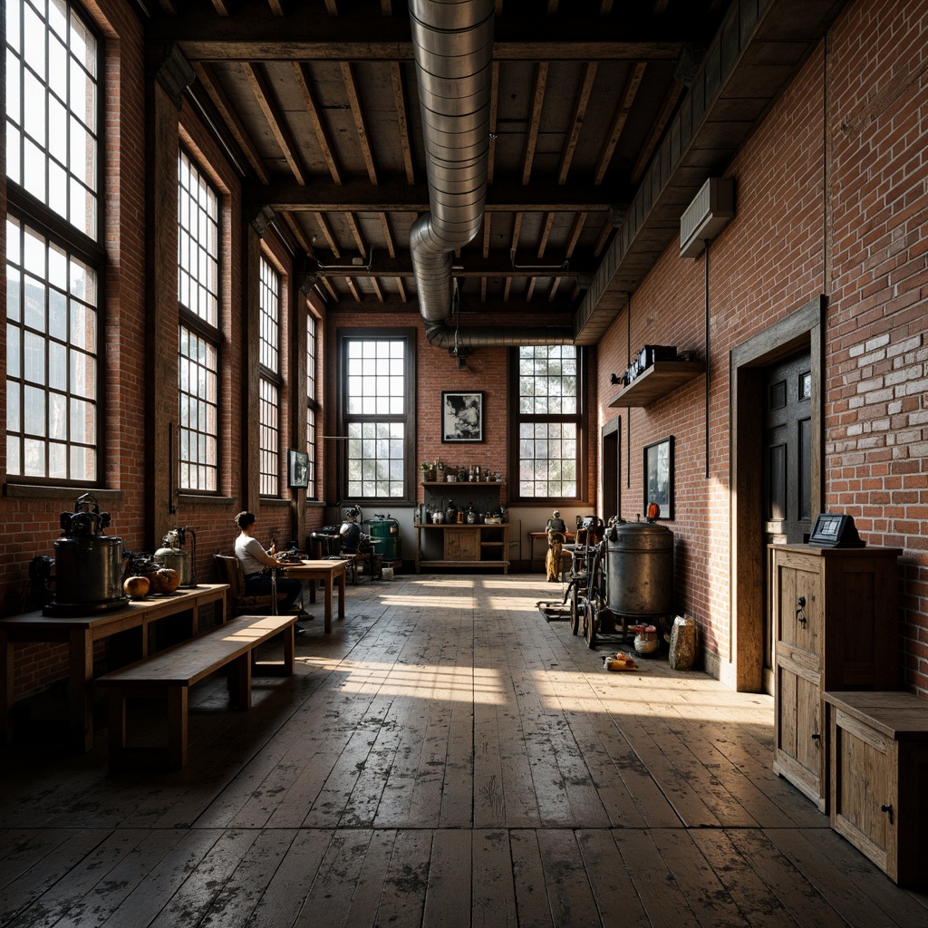 Prompt: Industrial factory setting, exposed brick walls, metal beams, worn wooden floors, vintage machinery, distressed textures, earthy tones, muted colors, rusty reds, weathered blues, faded yellows, industrial greys, urban atmosphere, gritty realism, high contrast lighting, dramatic shadows, cinematic composition, 1/2 camera angle, realistic renderings, ambient occlusion.