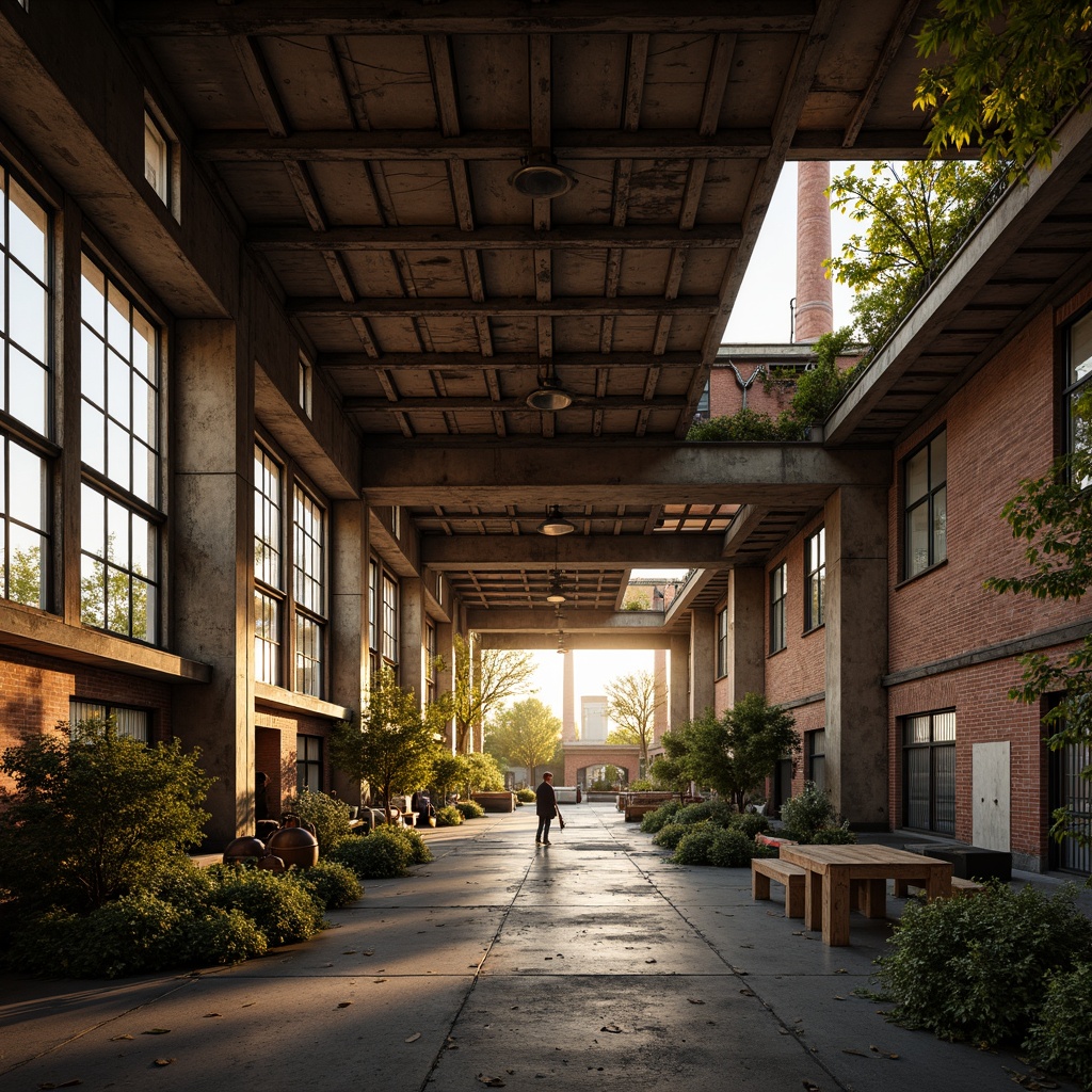 Prompt: Rustic industrial landscape, abandoned factories, distressed brick walls, corrugated metal roofs, worn wooden beams, vintage machinery, urban decay, overgrown vegetation, gritty urban atmosphere, warm golden lighting, shallow depth of field, 1/2 composition, cinematic view, realistic textures, ambient occlusion, nostalgic mood, retro-futuristic elements, exposed ductwork, concrete floors, steel columns, reclaimed wood accents, industrial chic aesthetic.