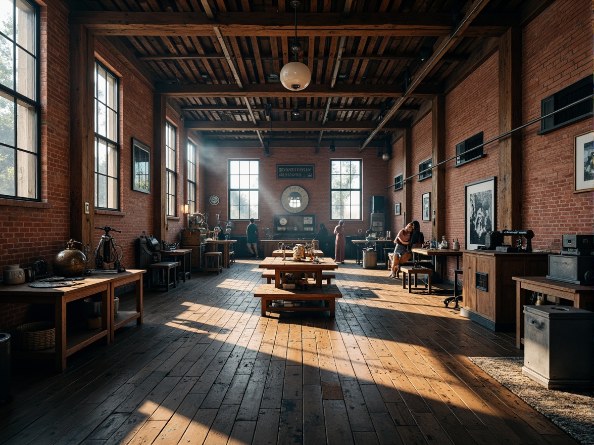 Prompt: Industrial factory setting, exposed brick walls, metal beams, worn wooden floors, vintage machinery, distressed textures, earthy tones, muted colors, rusty reds, weathered blues, faded yellows, industrial greys, urban atmosphere, gritty realism, high contrast lighting, dramatic shadows, cinematic composition, 1/2 camera angle, realistic renderings, ambient occlusion.