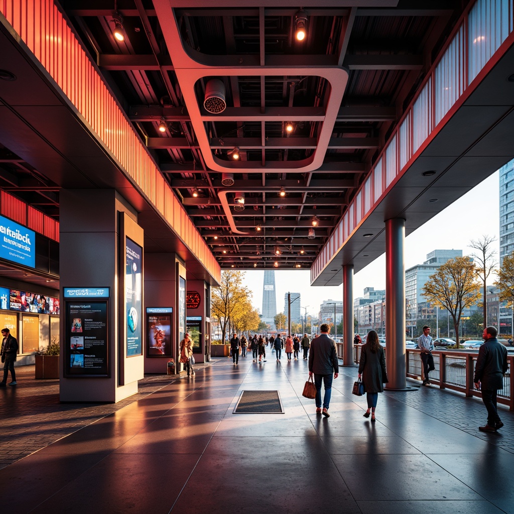 Prompt: Vibrant tram station, bold color schemes, contrasting hues, dynamic lighting effects, futuristic architecture, sleek metal beams, polished concrete floors, modern signage systems, electronic displays, urban cityscape views, rush hour atmosphere, warm golden lighting, shallow depth of field, 1/2 composition, realistic textures, ambient occlusion.