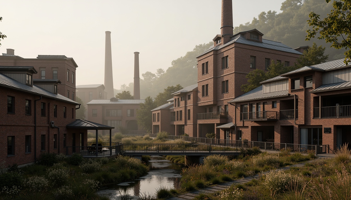 Prompt: Industrial factory complex, rustic brick buildings, corrugated metal roofs, worn concrete walls, vintage machinery, abandoned chimneys, overgrown vegetation, wildflowers, meandering streams, misty atmosphere, soft warm lighting, shallow depth of field, 3/4 composition, panoramic view, realistic textures, ambient occlusion, regionalism-inspired architecture, modern industrial design, functional spaces, exposed ductwork, metal catwalks, reclaimed wood accents, earthy color palette, natural stone pathways, weathered steel bridges.