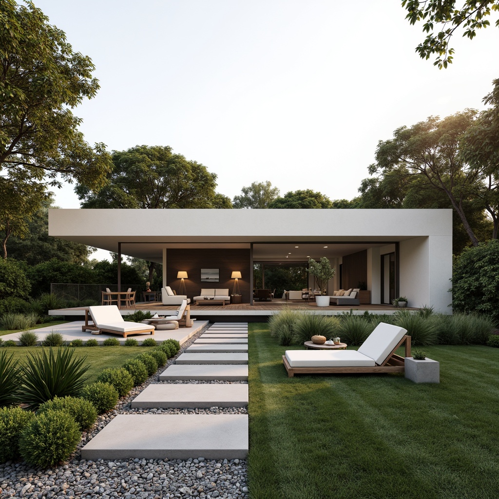 Prompt: Sleek villa, minimalist architecture, clean lines, simple forms, neutral color palette, lush greenery, trimmed hedges, manicured lawns, gravel pathways, natural stone walls, wooden decks, modern outdoor furniture, geometric planters, succulent arrangements, serene ambiance, soft warm lighting, shallow depth of field, 3/4 composition, panoramic view, realistic textures, ambient occlusion.