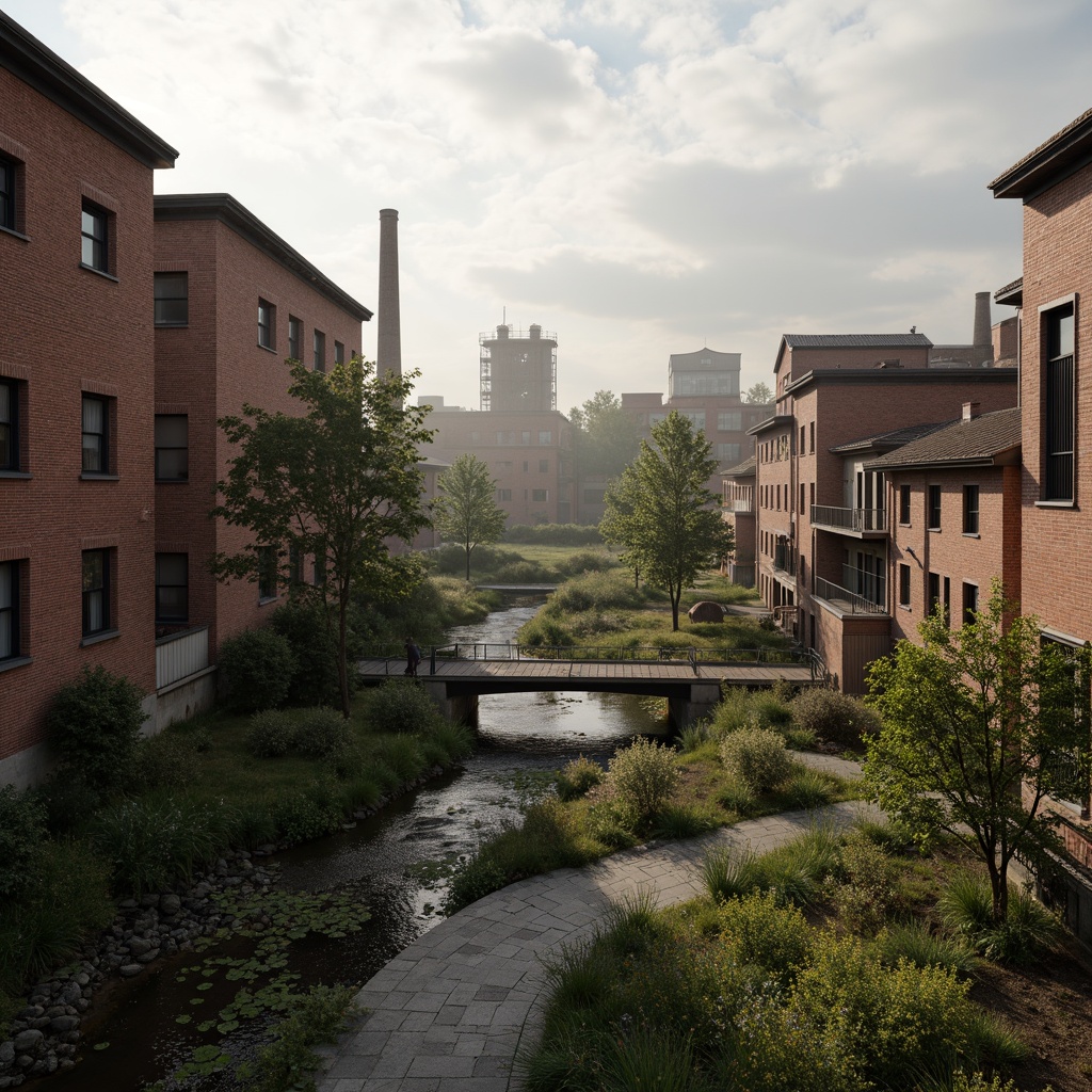 Prompt: Industrial factory complex, rustic brick buildings, corrugated metal roofs, worn concrete walls, vintage machinery, abandoned chimneys, overgrown vegetation, wildflowers, meandering streams, misty atmosphere, soft warm lighting, shallow depth of field, 3/4 composition, panoramic view, realistic textures, ambient occlusion, regionalism-inspired architecture, modern industrial design, functional spaces, exposed ductwork, metal catwalks, reclaimed wood accents, earthy color palette, natural stone pathways, weathered steel bridges.