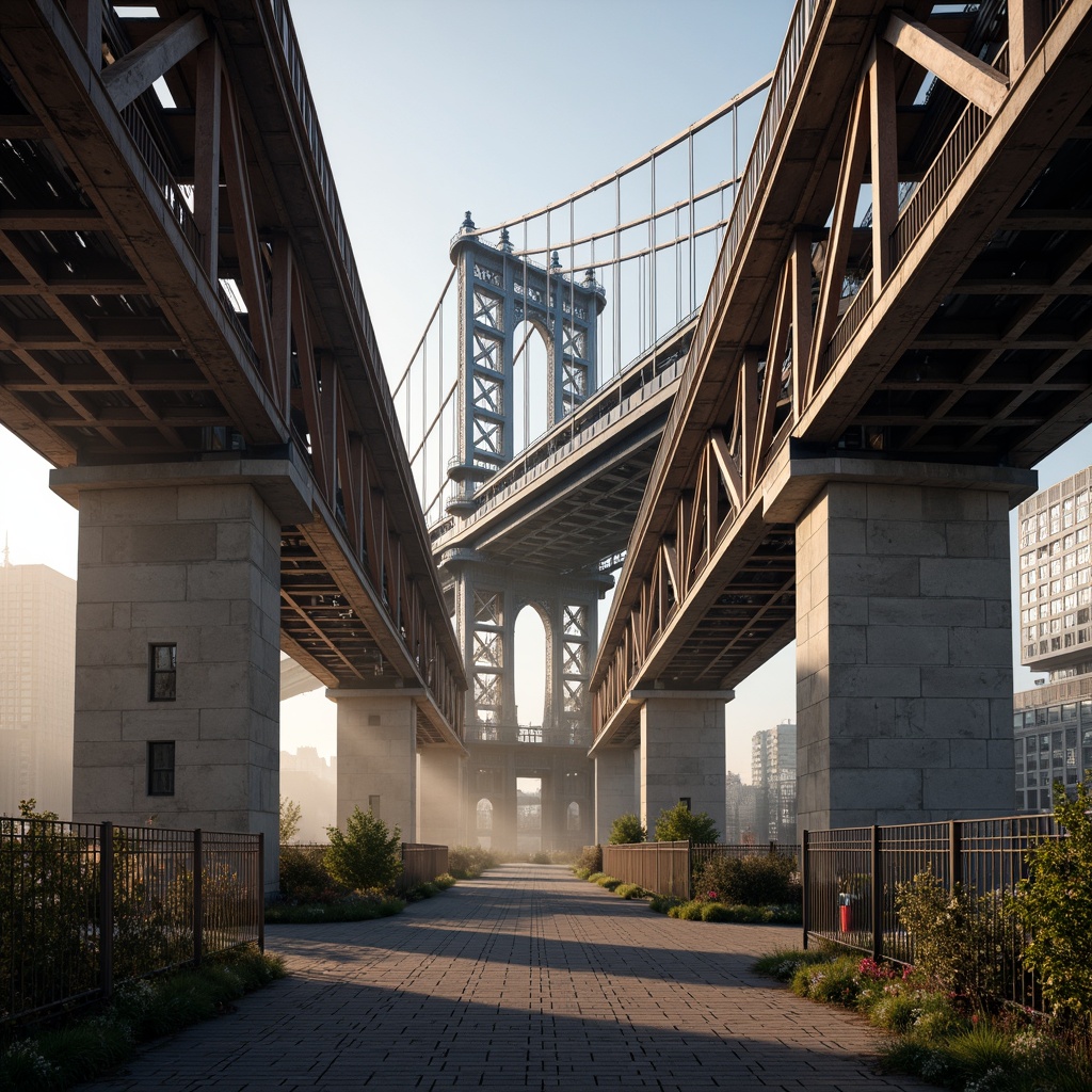 Prompt: Rustic steel bridges, industrial architecture, exposed beams, reinforced concrete pillars, suspension cables, metallic latticework, urban cityscape, misty morning atmosphere, soft warm lighting, shallow depth of field, 3/4 composition, panoramic view, realistic textures, ambient occlusion, intricate structural details, geometric patterns, modern engineering marvels, safety inspection equipment, construction cranes, warning signs, safety nets.