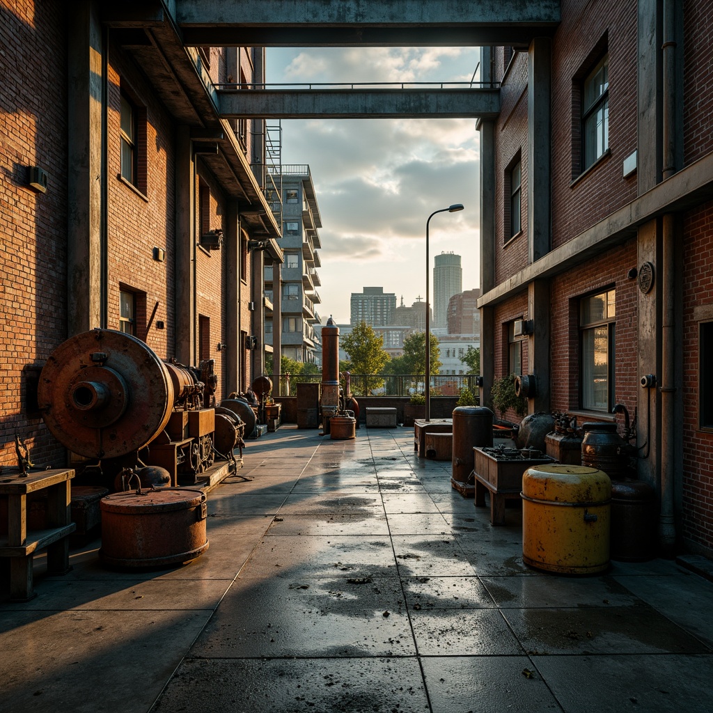 Prompt: Industrial factory setting, exposed brick walls, metal beams, worn wooden floors, distressed concrete textures, vintage machinery, rusty pipes, urban cityscape, cloudy grey skies, warm golden lighting, shallow depth of field, 1/2 composition, realistic materials, ambient occlusion, muted color palette, earthy tones, weathered steel blues, faded reds, industrial greens, creamy whites, rich browns.