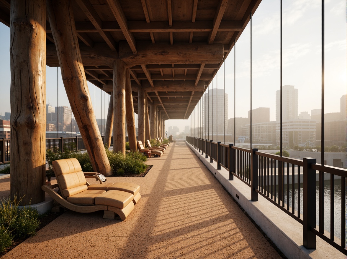 Prompt: Rustic bridge structure, cork flooring, natural wood accents, earthy tones, organic curves, suspension cables, steel beams, modern minimalist design, urban cityscape, misty morning atmosphere, soft warm lighting, shallow depth of field, 1/1 composition, realistic textures, ambient occlusion.