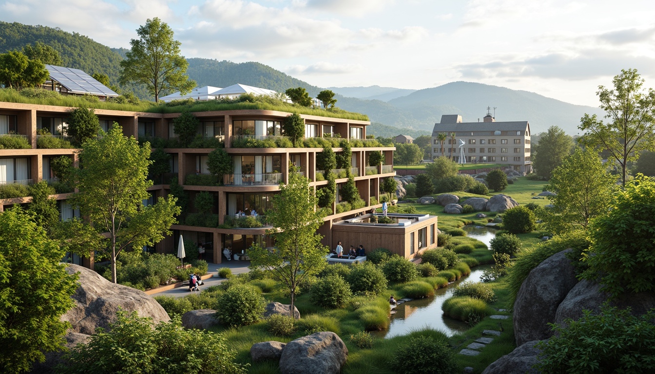 Prompt: Eco-friendly buildings, lush green roofs, vertical gardens, solar panels, wind turbines, rainwater harvesting systems, natural ventilation, recycled materials, low-carbon footprint, energy-efficient appliances, organic textures, earthy color palette, serene atmosphere, soft natural lighting, shallow depth of field, 3/4 composition, panoramic view, realistic renderings, ambient occlusion.