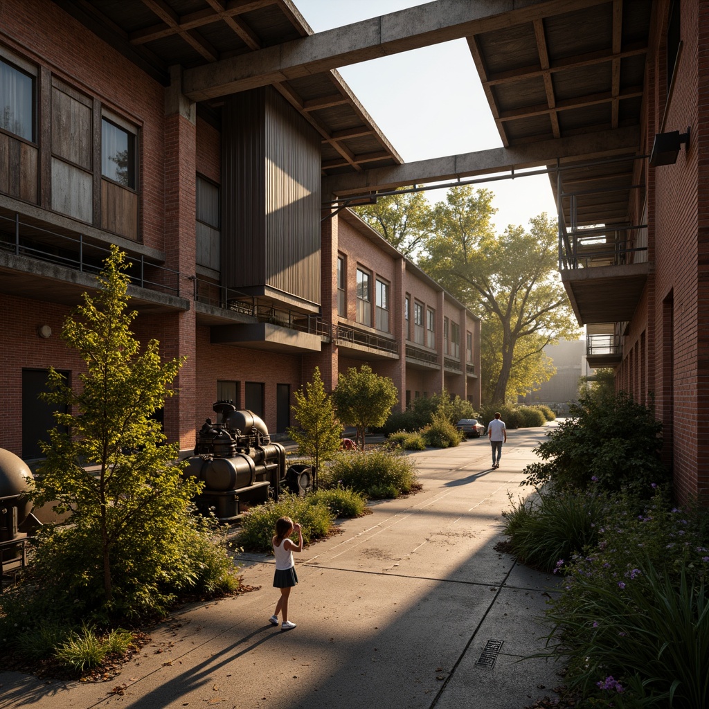 Prompt: Rustic industrial landscape, abandoned factories, distressed brick walls, corrugated metal roofs, worn wooden beams, vintage machinery, urban decay, overgrown vegetation, gritty urban atmosphere, warm golden lighting, shallow depth of field, 1/2 composition, cinematic view, realistic textures, ambient occlusion, nostalgic mood, retro-futuristic elements, exposed ductwork, concrete floors, steel columns, reclaimed wood accents, industrial chic aesthetic.