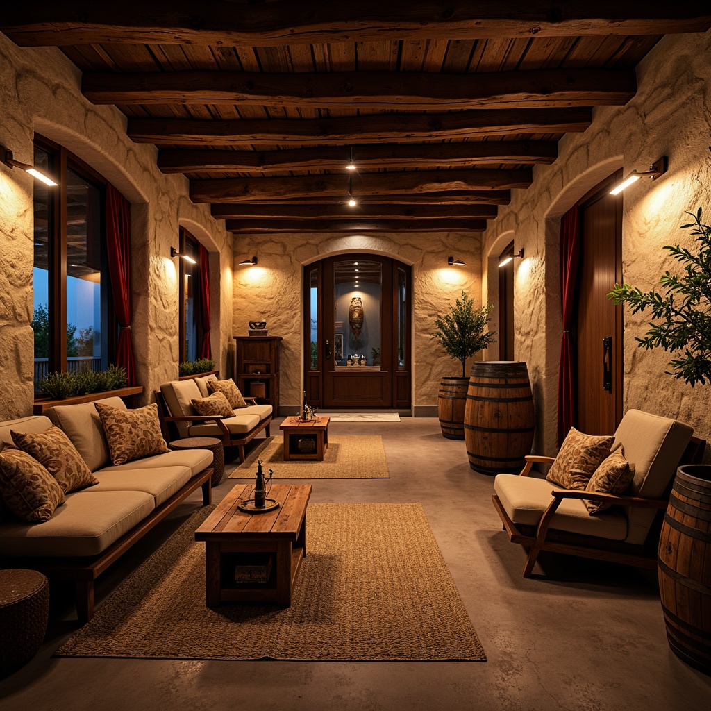 Prompt: Rustic winery interior, earthy tone fabrics, natural fiber upholstery, woven baskets, wooden accents, stone walls, dim warm lighting, cozy atmosphere, plush area rugs, rich velvet drapes, metallic accents, wine barrel decorations, vintage wine-making equipment, distressed wood tables, comfortable lounge seating, soft candlelight, shallow depth of field, 1/1 composition, realistic textures, ambient occlusion.