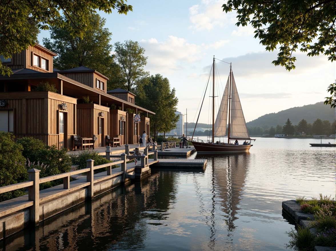 Prompt: Waterfront location, serene lake views, wooden dock, sailboats, classic boathouse architecture, rustic wooden facades, ornate metal decorations, vintage nautical elements, distressed wood textures, earthy color palette, natural stone foundations, lush greenery, overhanging trees, warm sunny day, soft diffused lighting, shallow depth of field, 1/2 composition, realistic reflections, ambient occlusion.