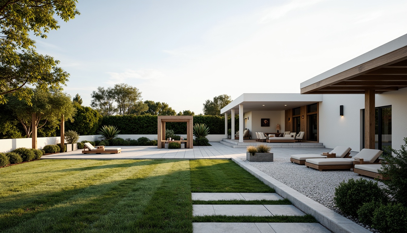 Prompt: Sleek villa, minimalist architecture, clean lines, simple forms, neutral color palette, lush greenery, trimmed hedges, manicured lawns, gravel pathways, natural stone walls, wooden decks, modern outdoor furniture, geometric planters, succulent arrangements, serene ambiance, soft warm lighting, shallow depth of field, 3/4 composition, panoramic view, realistic textures, ambient occlusion.