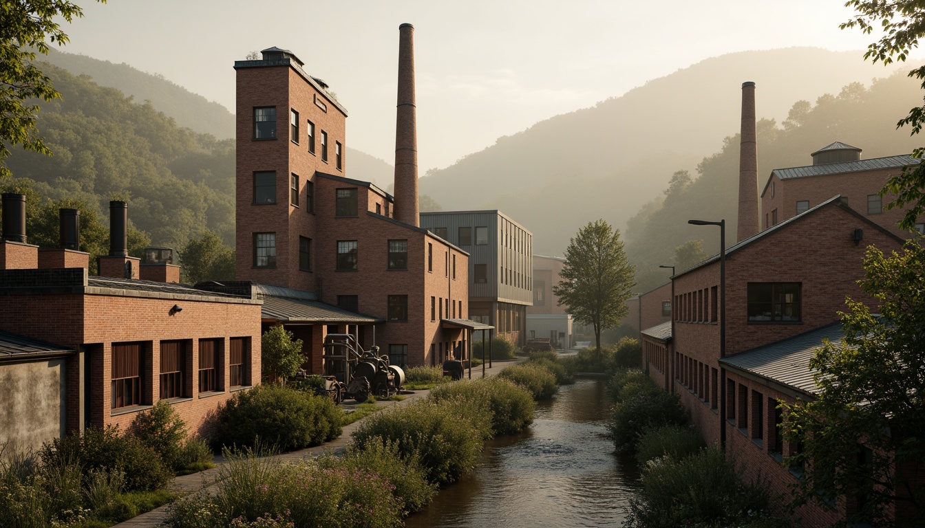 Prompt: Industrial factory complex, rustic brick buildings, corrugated metal roofs, worn concrete walls, vintage machinery, abandoned chimneys, overgrown vegetation, wildflowers, meandering streams, misty atmosphere, soft warm lighting, shallow depth of field, 3/4 composition, panoramic view, realistic textures, ambient occlusion, regionalist architectural style, functional simplicity, earthy color palette, distressed finishes, reclaimed wood accents, metal cladding, industrial heritage, nostalgic ambiance.