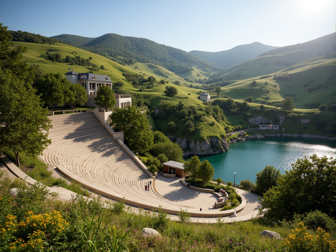 Prompt: Rolling hills, lush greenery, serene lake views, amphitheater structures, tiered seating, natural stone walls, wooden benches, scenic overlooks, walking trails, meandering streams, rustic bridges, vibrant wildflowers, sunny afternoon, soft warm lighting, shallow depth of field, 3/4 composition, panoramic view, realistic textures, ambient occlusion.