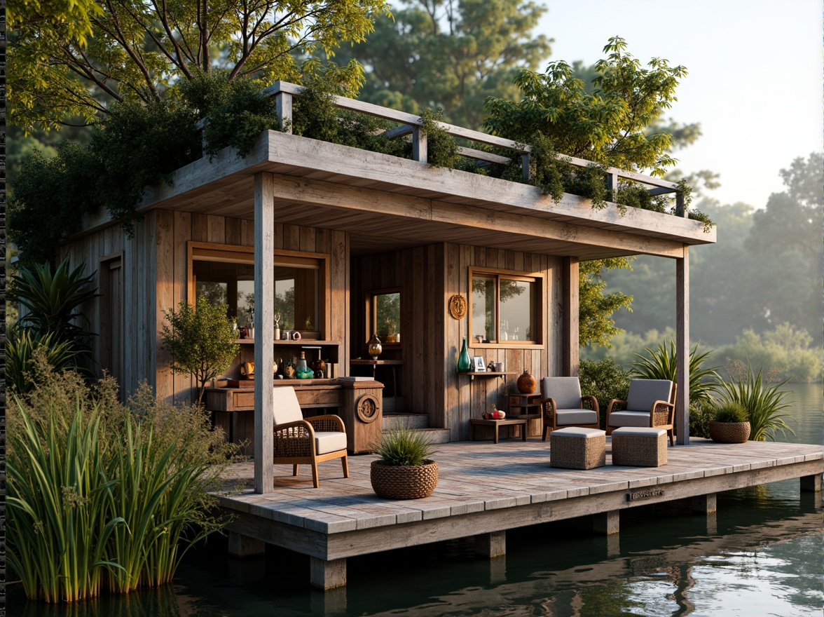 Prompt: Whimsical boathouse, eclectic facade, distressed wood textures, vintage nautical elements, rusty metal accents, colorful glass bottles, woven wicker furniture, lush greenery, overgrown vegetation, misty morning atmosphere, soft warm lighting, shallow depth of field, 1/1 composition, realistic water reflections, ambient occlusion.