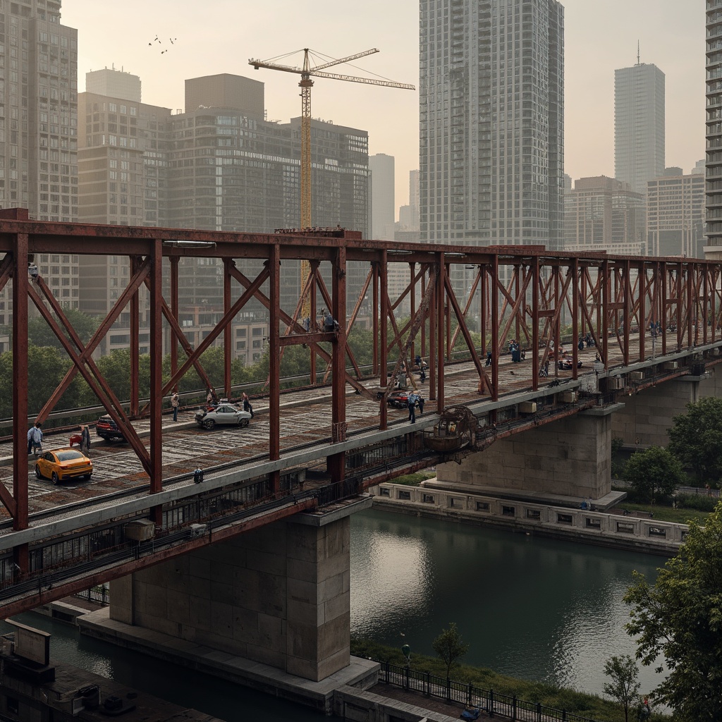 Prompt: Rustic steel bridges, industrial architecture, exposed beams, reinforced concrete pillars, suspension cables, metallic latticework, urban cityscape, misty morning atmosphere, soft warm lighting, shallow depth of field, 3/4 composition, panoramic view, realistic textures, ambient occlusion, intricate structural details, geometric patterns, modern engineering marvels, safety inspection equipment, construction cranes, warning signs, safety nets.