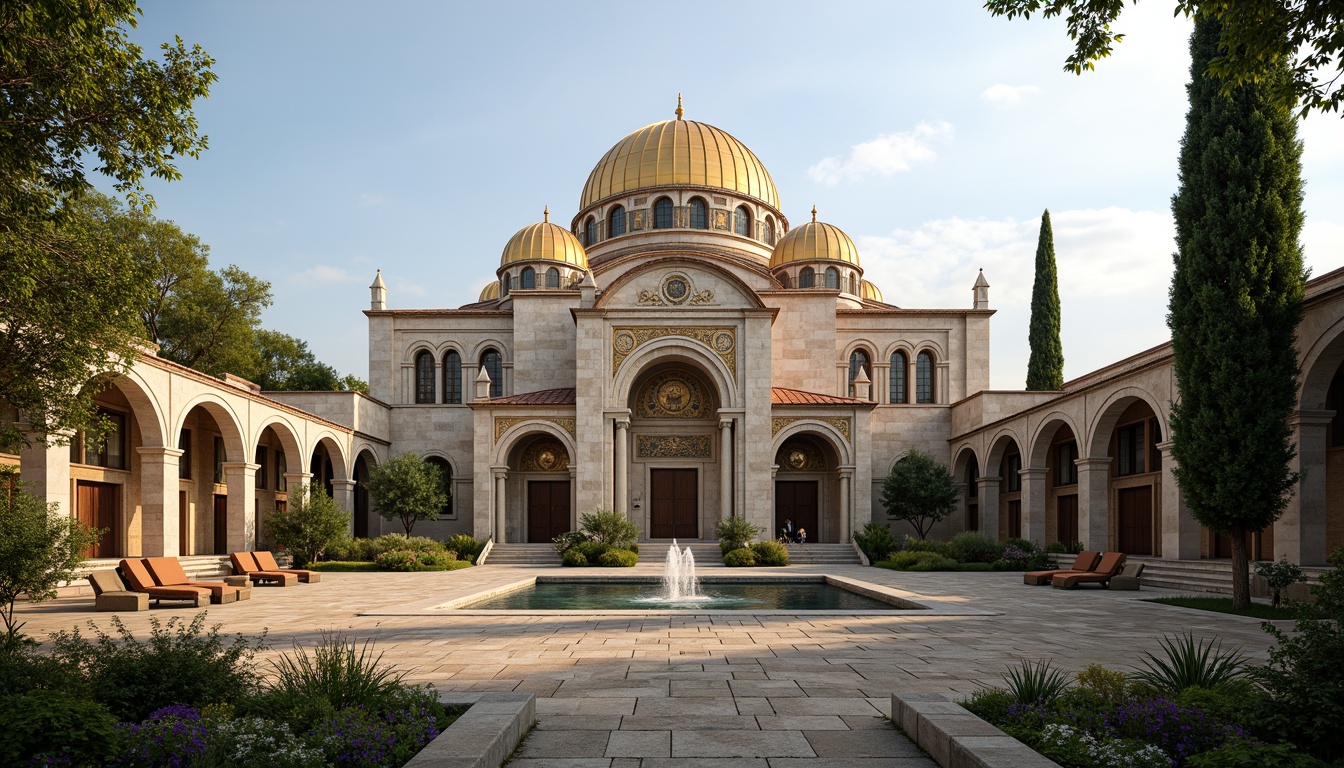 Prompt: Majestic Byzantine church, intricately carved stone facades, golden domes, ornate mosaics, lush green courtyards, tranquil water features, rustic stone pathways, vibrant flowerbeds, majestic cypress trees, warm Mediterranean sunlight, soft atmospheric lighting, 1/1 composition, symmetrical framing, realistic textures, ambient occlusion.