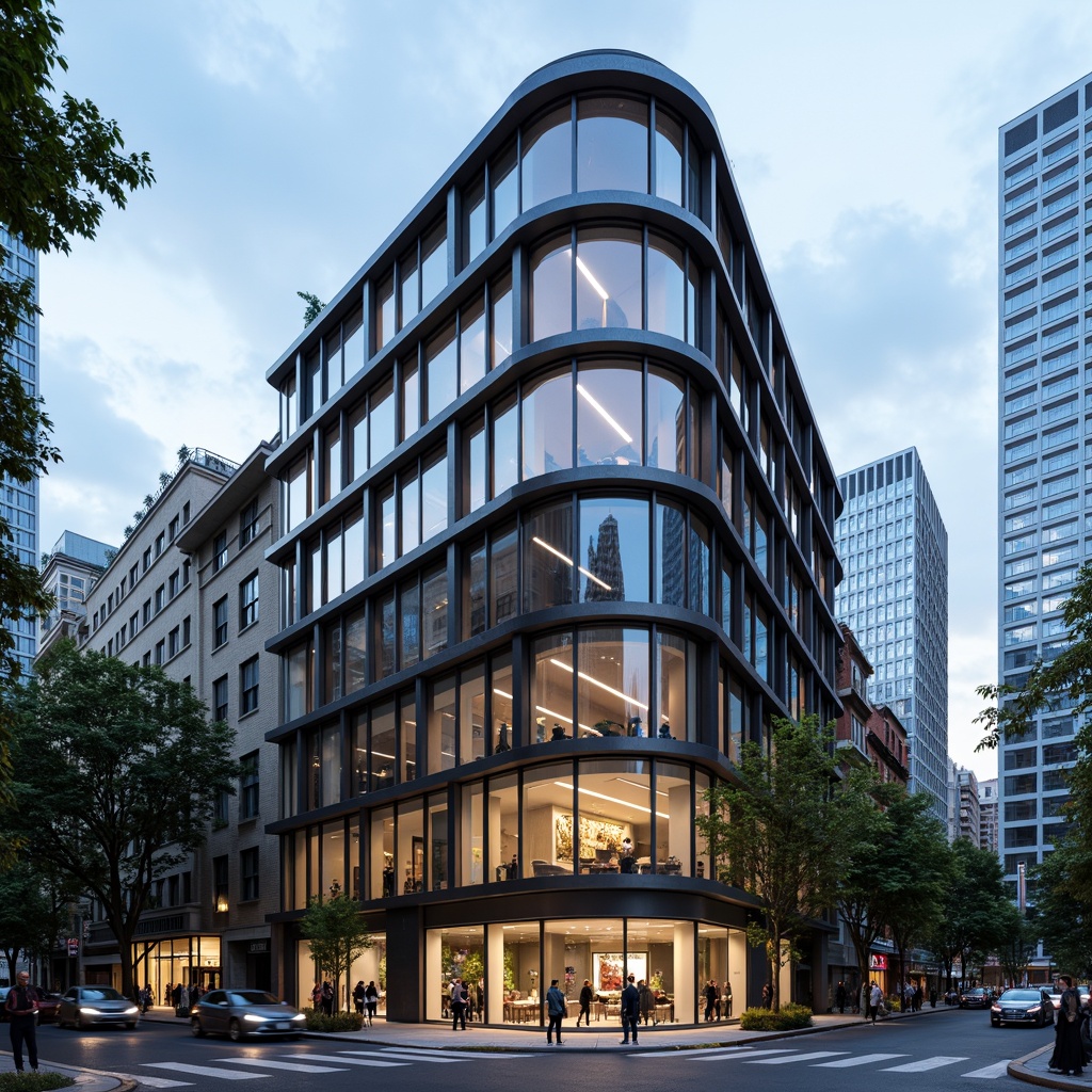 Prompt: Curved building facade, metallic materials, polished chrome accents, horizontal lines, rounded corners, minimalist ornamentation, large glass windows, sliding doors, cantilevered balconies, urban cityscape, busy streets, modern skyscrapers, cloudy blue sky, soft natural light, shallow depth of field, 2/3 composition, symmetrical framing, high-contrast lighting, detailed textures, ambient occlusion.