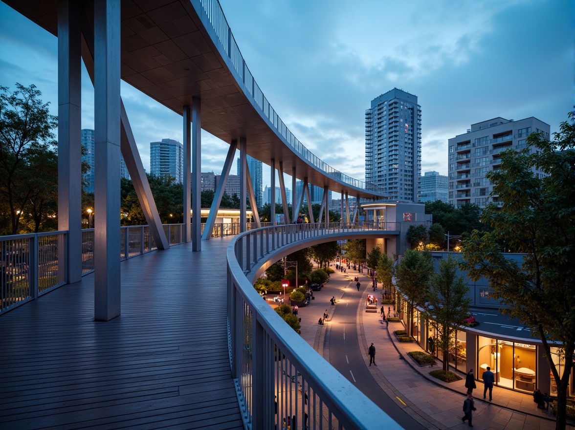 Prompt: Curved pedestrian bridge, sleek metal railings, wooden decking, modern urban landscape, city skyline, vibrant streetlights, bustling streets, dynamic structural elements, cantilevered sections, suspension cables, geometric shapes, minimalist design, functional lighting, safety features, accessible ramps, staircases, observation decks, panoramic views, realistic textures, ambient occlusion, shallow depth of field, 3/4 composition.