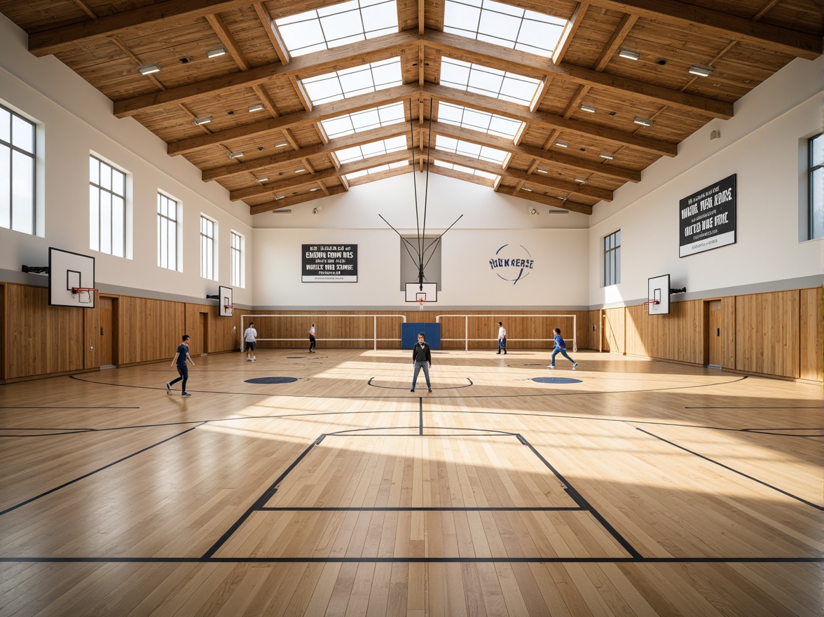 Prompt: Spacious gymnasium interior, high ceilings, clerestory windows, natural light pouring in, wooden flooring, sports equipment, basketball hoops, volleyball nets, athletic tracks, motivational quotes, modern architecture, minimalist design, bright color scheme, soft warm lighting, shallow depth of field, 3/4 composition, panoramic view, realistic textures, ambient occlusion.