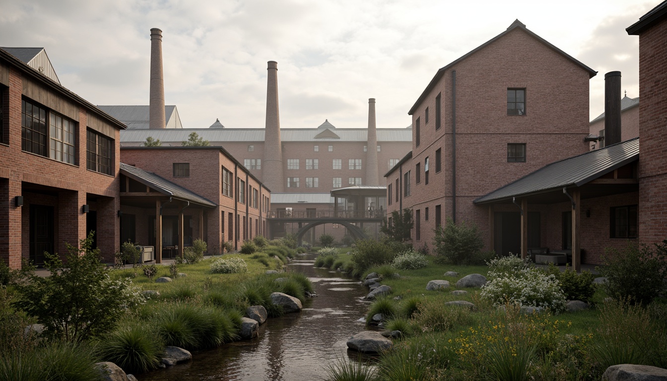 Prompt: Industrial factory complex, rustic brick buildings, corrugated metal roofs, worn concrete walls, vintage machinery, abandoned chimneys, overgrown vegetation, wildflowers, meandering streams, misty atmosphere, soft warm lighting, shallow depth of field, 3/4 composition, panoramic view, realistic textures, ambient occlusion, regionalism-inspired architecture, modern industrial design, functional spaces, exposed ductwork, metal catwalks, reclaimed wood accents, earthy color palette, natural stone pathways, weathered steel bridges.