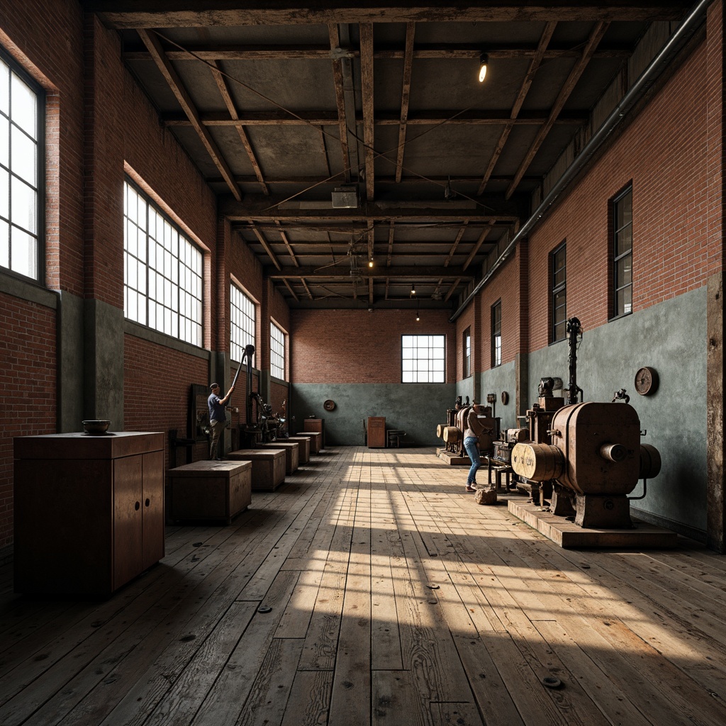 Prompt: Industrial factory setting, exposed brick walls, metal beams, worn wooden floors, vintage machinery, distressed textures, earthy tones, muted colors, rusty reds, weathered blues, faded yellows, industrial greys, urban atmosphere, gritty realism, high contrast lighting, dramatic shadows, cinematic composition, 1/2 camera angle, realistic renderings, ambient occlusion.