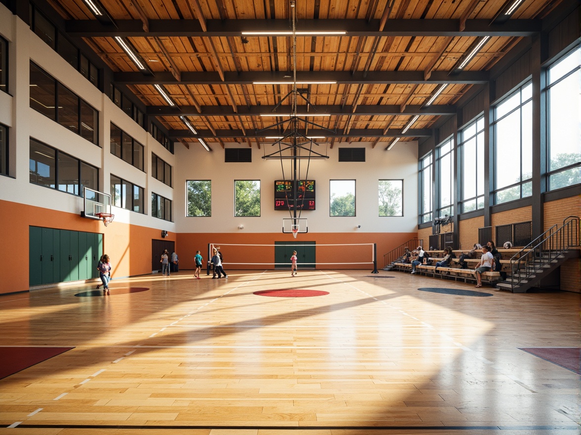 Prompt: Modern gymnasium interior, wooden flooring, sound-absorbing panels, acoustic ceiling tiles, reverberation reduction systems, echo-minimizing design, natural ventilation, large windows, abundant daylight, athletic equipment, basketball hoops, volleyball nets, spectator seating, scoreboards, electronic displays, warm color scheme, soft indirect lighting, shallow depth of field, 1/2 composition, realistic textures, ambient occlusion.