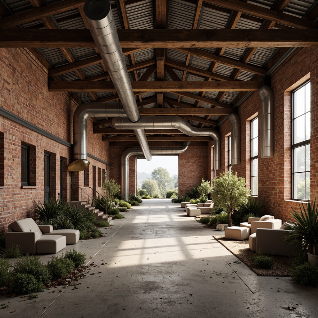 Prompt: Rustic industrial landscape, abandoned factories, worn brick walls, distressed metal roofs, reclaimed wood accents, earthy tones, natural textures, regional materials, local craftsmanship, exposed ductwork, concrete floors, steel beams, functional minimalism, industrial chic aesthetic, warm soft lighting, shallow depth of field, 1/1 composition, realistic renderings, ambient occlusion.