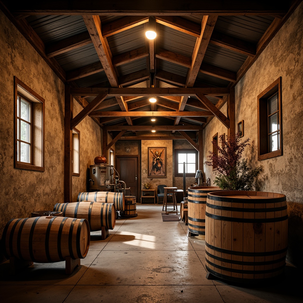 Prompt: Rustic winery, wooden barrels, stone walls, earthy tones, natural lighting, reclaimed wood accents, metal roofing, industrial chic decor, vintage wine-making equipment, exposed brick ceilings, wooden fermentation tanks, oak aging rooms, dim warm ambiance, soft golden lighting, shallow depth of field, 1/1 composition, realistic textures, ambient occlusion.