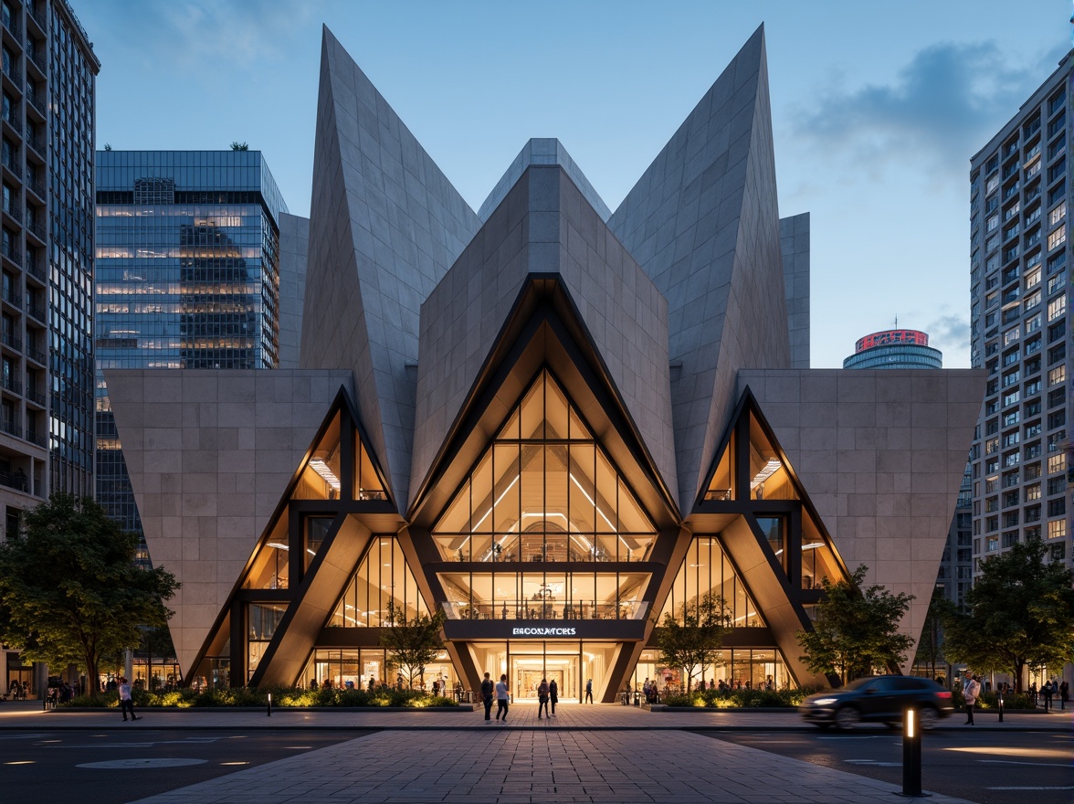 Prompt: Grand concert house, structuralist architecture, bold geometric forms, cantilevered volumes, brutalist concrete textures, rhythmic window patterns, dynamic angular lines, futuristic LED lighting, urban cityscape, evening atmosphere, warm golden hour, shallow depth of field, 1/1 composition, symmetrical framing, high-contrast dramatic shadows, realistic material reflections.