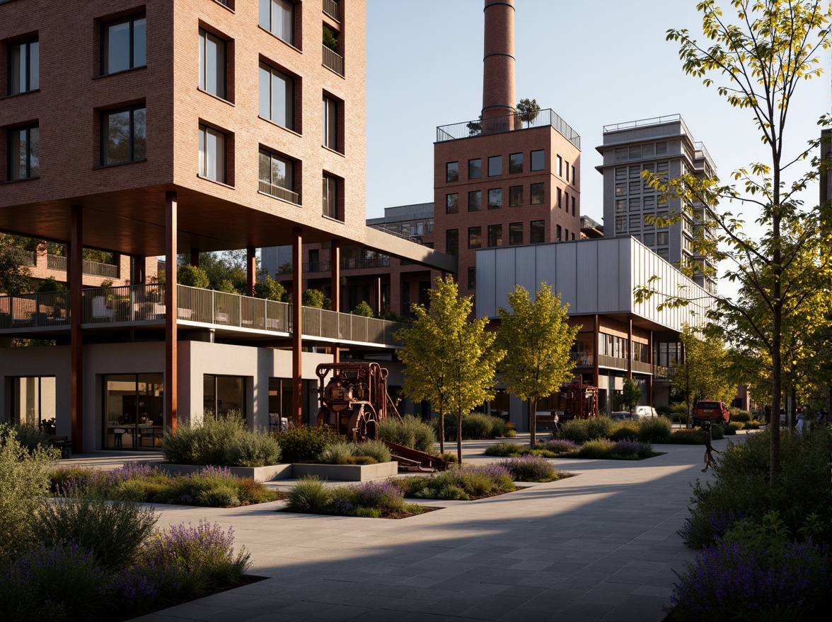 Prompt: Industrial heritage site, exposed brick buildings, rusty metal structures, reclaimed wood accents, vintage factory equipment, urban renewal, mixed-use development, adaptive reuse, modern amenities, sleek glass facades, corten steel cladding, brutalist architecture, post-industrial landscape, overgrown vegetation, abandoned machinery, nostalgic atmosphere, warm golden lighting, shallow depth of field, 2/3 composition, realistic textures, ambient occlusion.