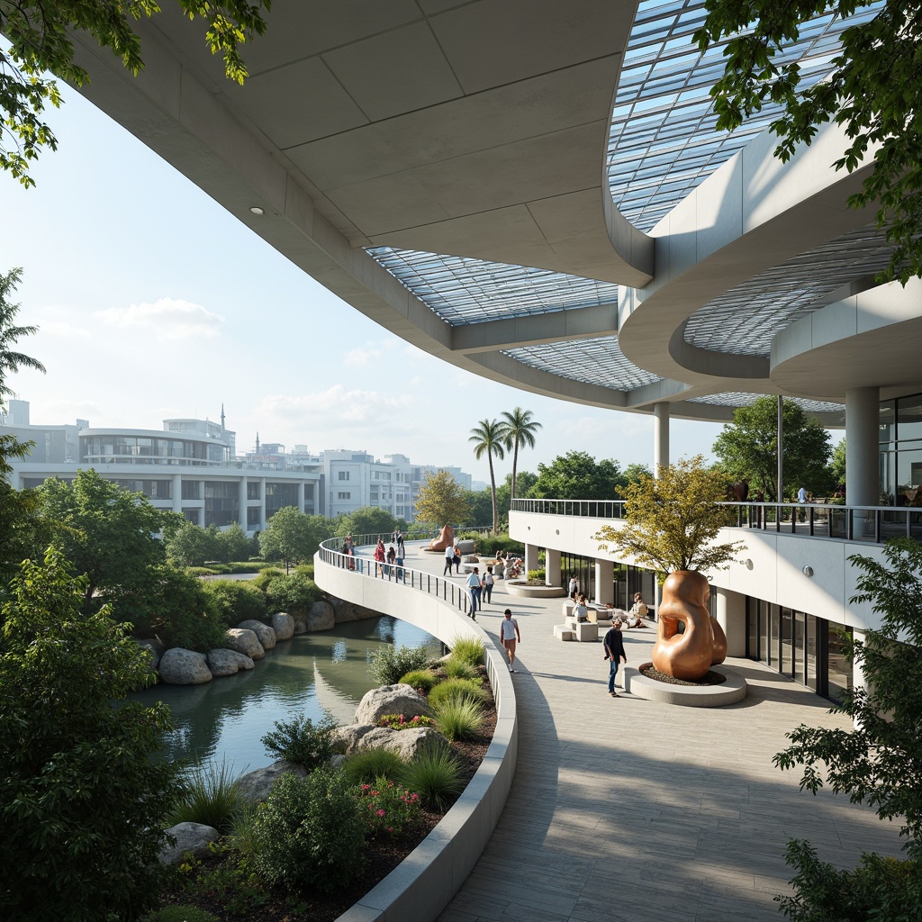 Prompt: Curved lines, minimalist design, open spaces, natural light, sleek metal structures, glass roofs, modernist architecture, futuristic vibes, urban landscape, cityscape views, morning sunlight, soft shadows, shallow depth of field, 1/1 composition, realistic textures, ambient occlusion, vibrant greenery, abstract sculptures, innovative materials, sustainable energy systems.