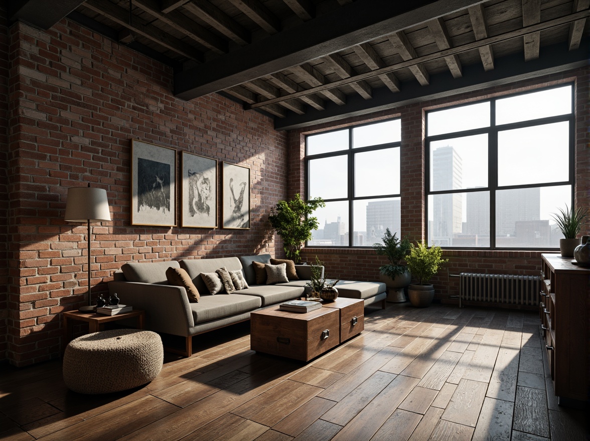 Prompt: Industrial chic loft, exposed brick walls, metal beams, reclaimed wood floors, minimalist decor, urban cityscape views, floor-to-ceiling windows, natural light pouring in, airy atmosphere, eclectic art pieces, vintage furniture, distressed textures, moody color palette, dramatic shadows, cinematic lighting, 1/1 composition, low-angle shot, atmospheric fog, gritty realistic render.