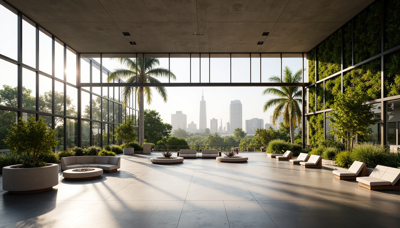 Prompt: Open-plan pavilion, minimalist interior, sleek metal framework, floor-to-ceiling glass walls, natural light pouring in, polished concrete floors, modern furniture pieces, geometric-shaped decorations, vibrant greenery, living walls, urban skyline views, warm neutral color palette, soft diffused lighting, 1/1 composition, shallow depth of field, realistic textures, ambient occlusion.