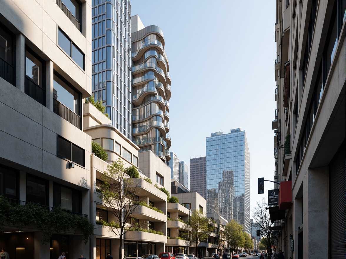 Prompt: Sleek modern buildings, curved lines, metallic surfaces, reflective glass facades, monochromatic color scheme, neutral tones, creamy whites, dark grays, bold accents, vibrant blues, warm beige, industrial materials, urban cityscape, busy streets, morning sunlight, soft shadows, 1/1 composition, symmetrical framing, high contrast lighting, realistic reflections.